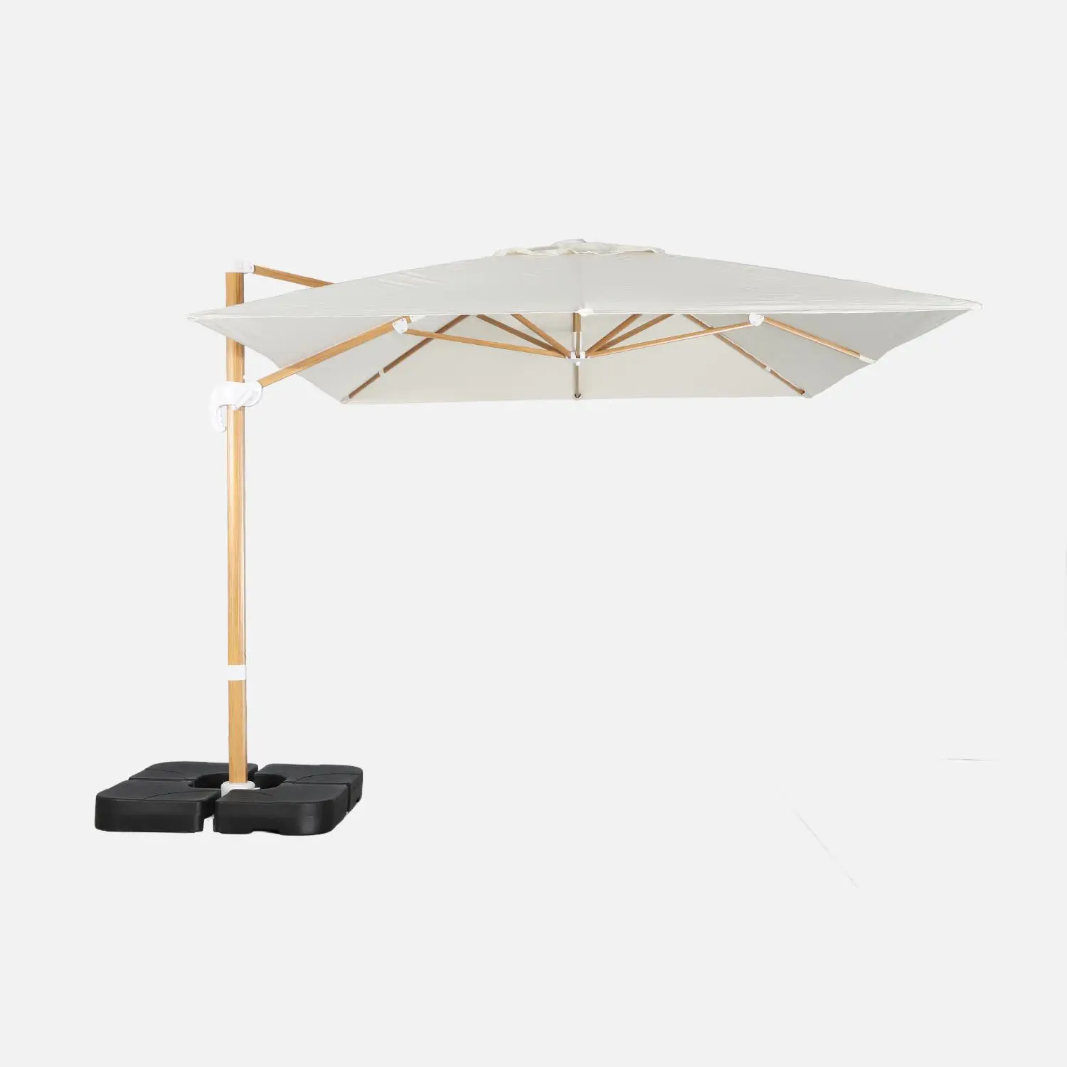 Parasol déporté rectangulaire 3x4m, mât effet bois + dalles à lester 50x50cm