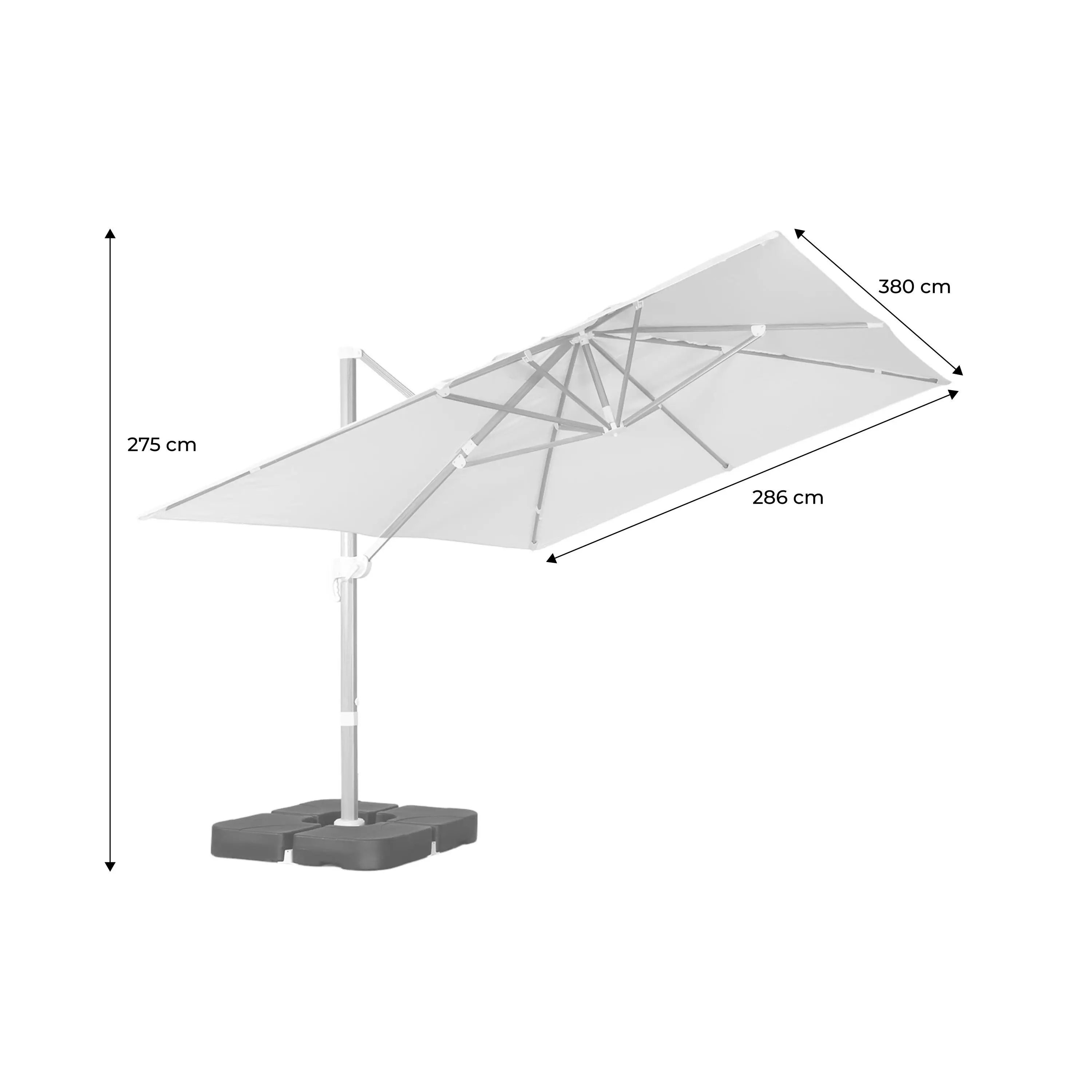 Parasol déporté rectangulaire 3x4m, mât effet bois + dalles à lester 50x50cm