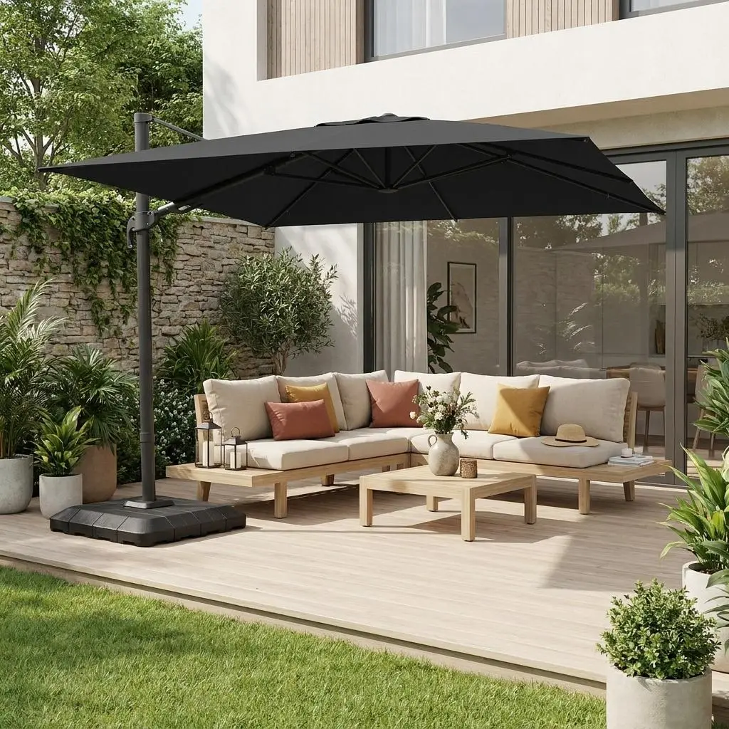 Parasol déporté rectangulaire 3x4m + housse et dalles à lester 98x98cm