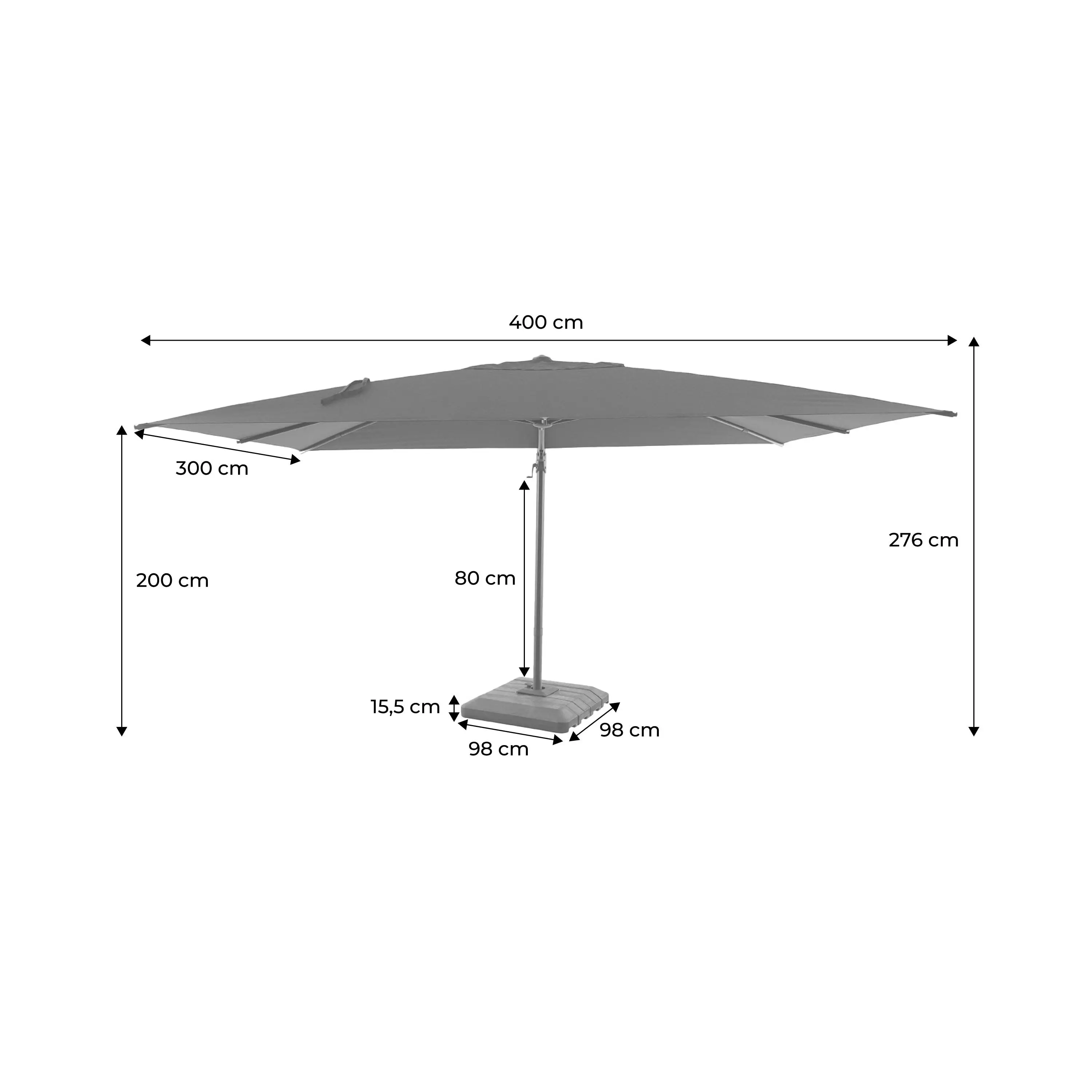 Parasol déporté rectangulaire 3x4m + housse et dalles à lester 98x98cm