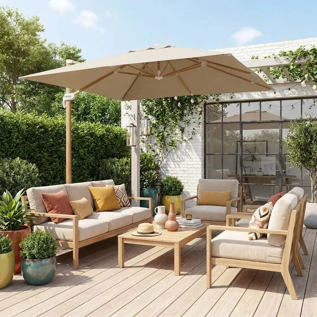 Parasol déporté carré 3x3m, mât effet bois