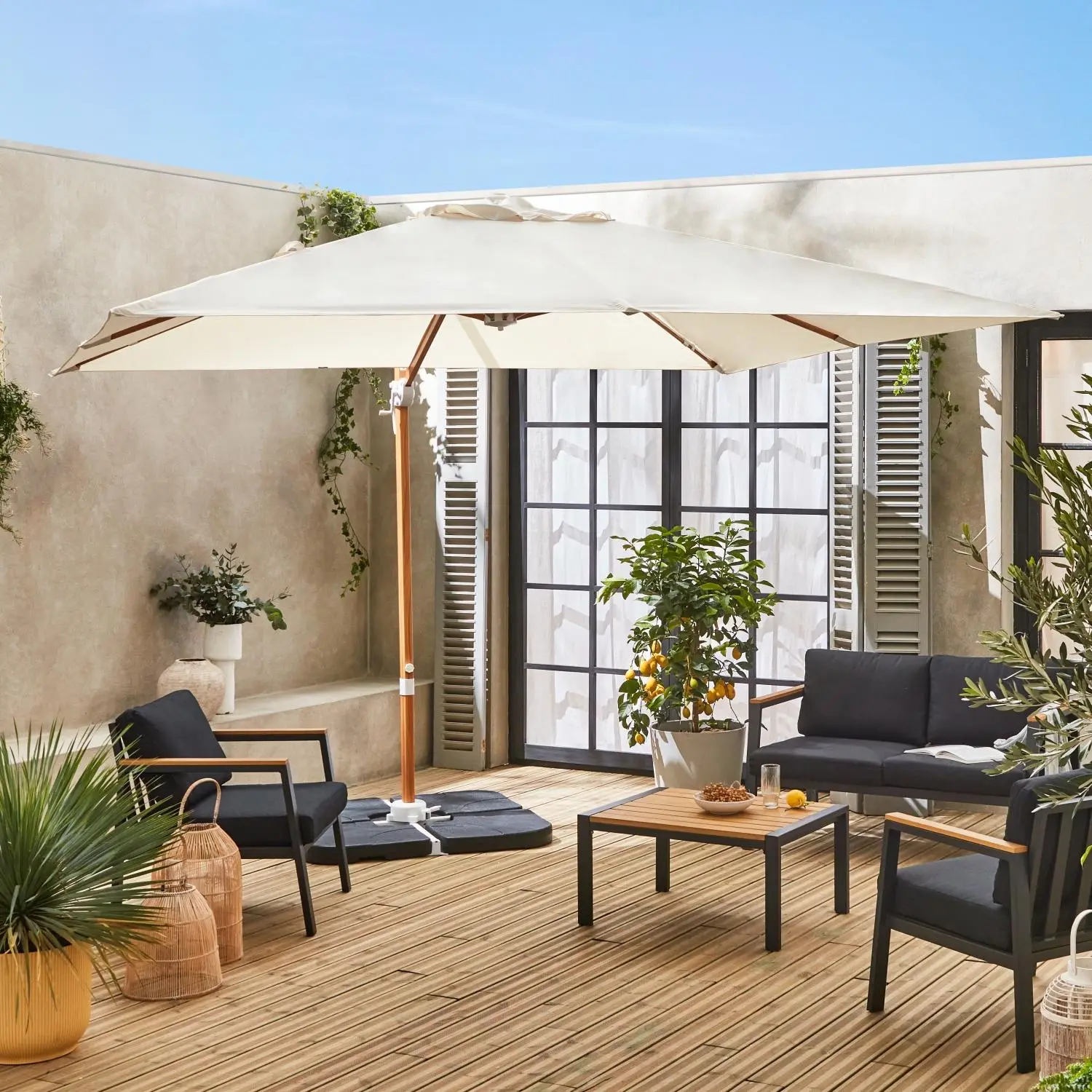Parasol déporté carré 3x3m, mât effet bois