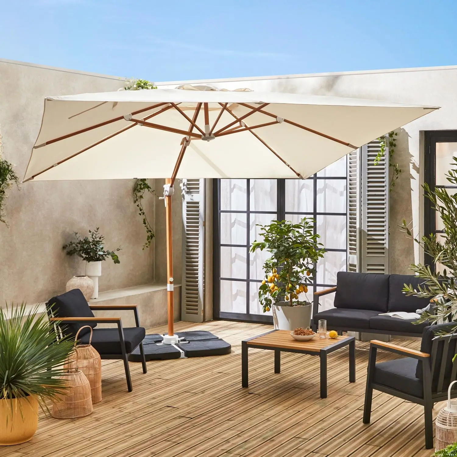 Parasol déporté carré 3x3m, mât effet bois