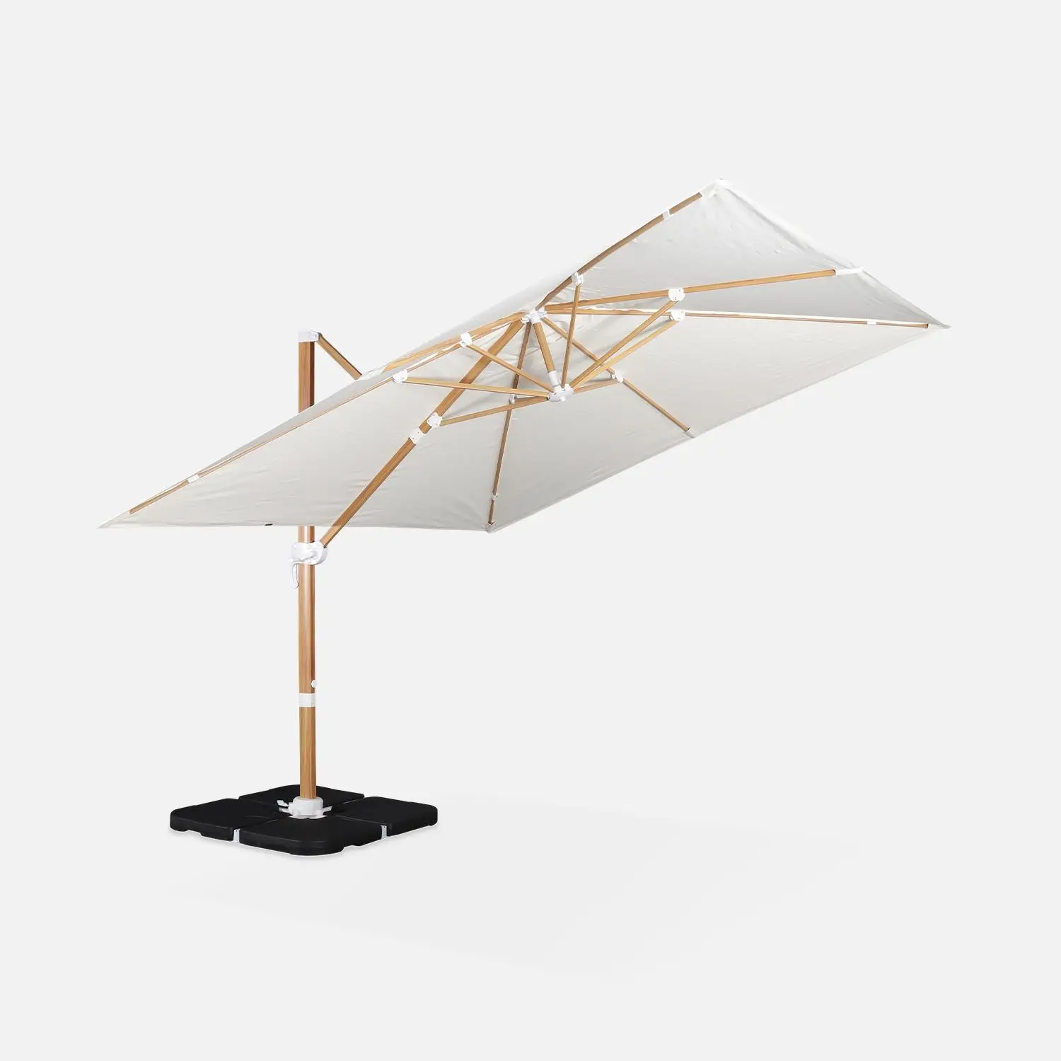 Parasol déporté carré 3x3m, mât effet bois