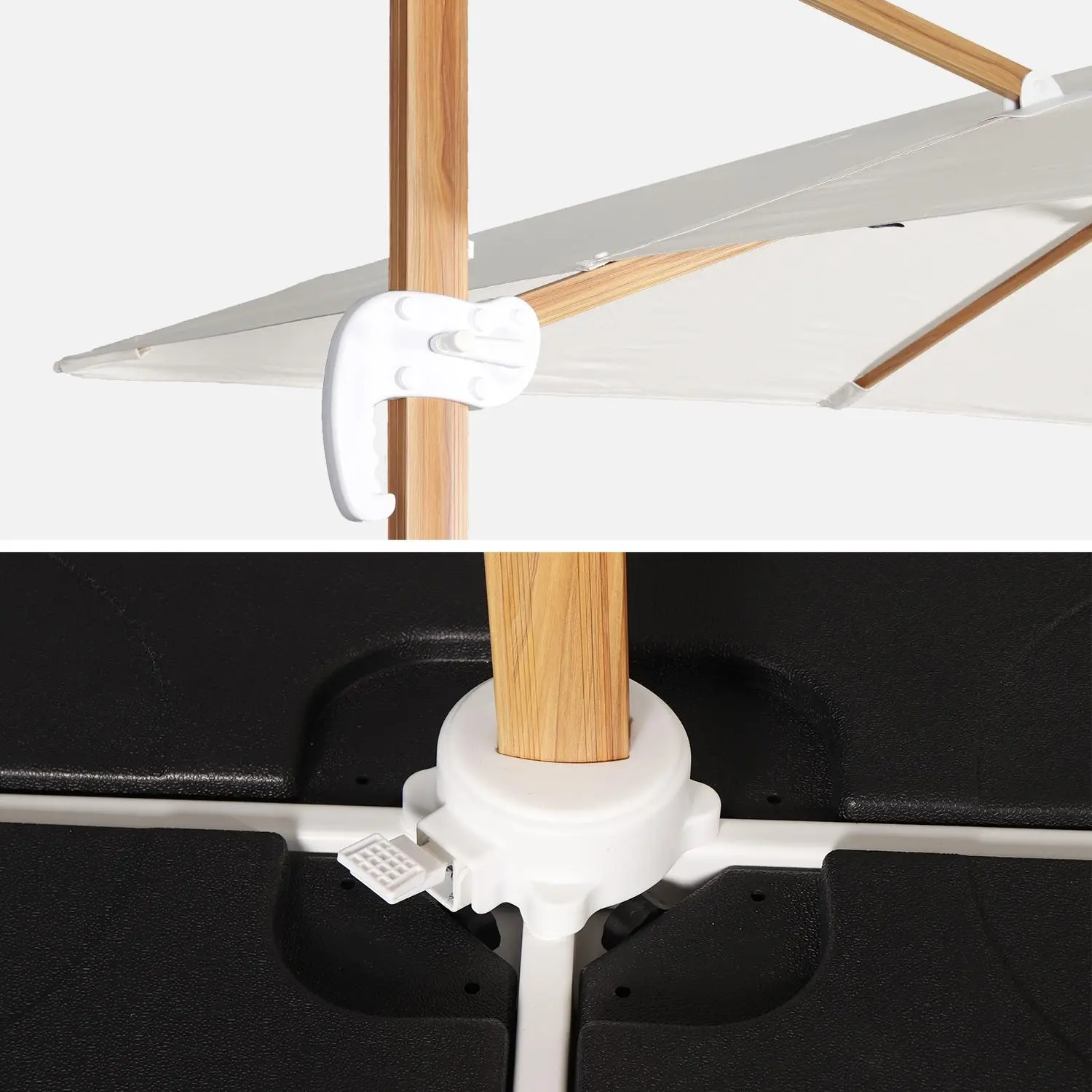 Parasol déporté carré 3x3m, mât effet bois