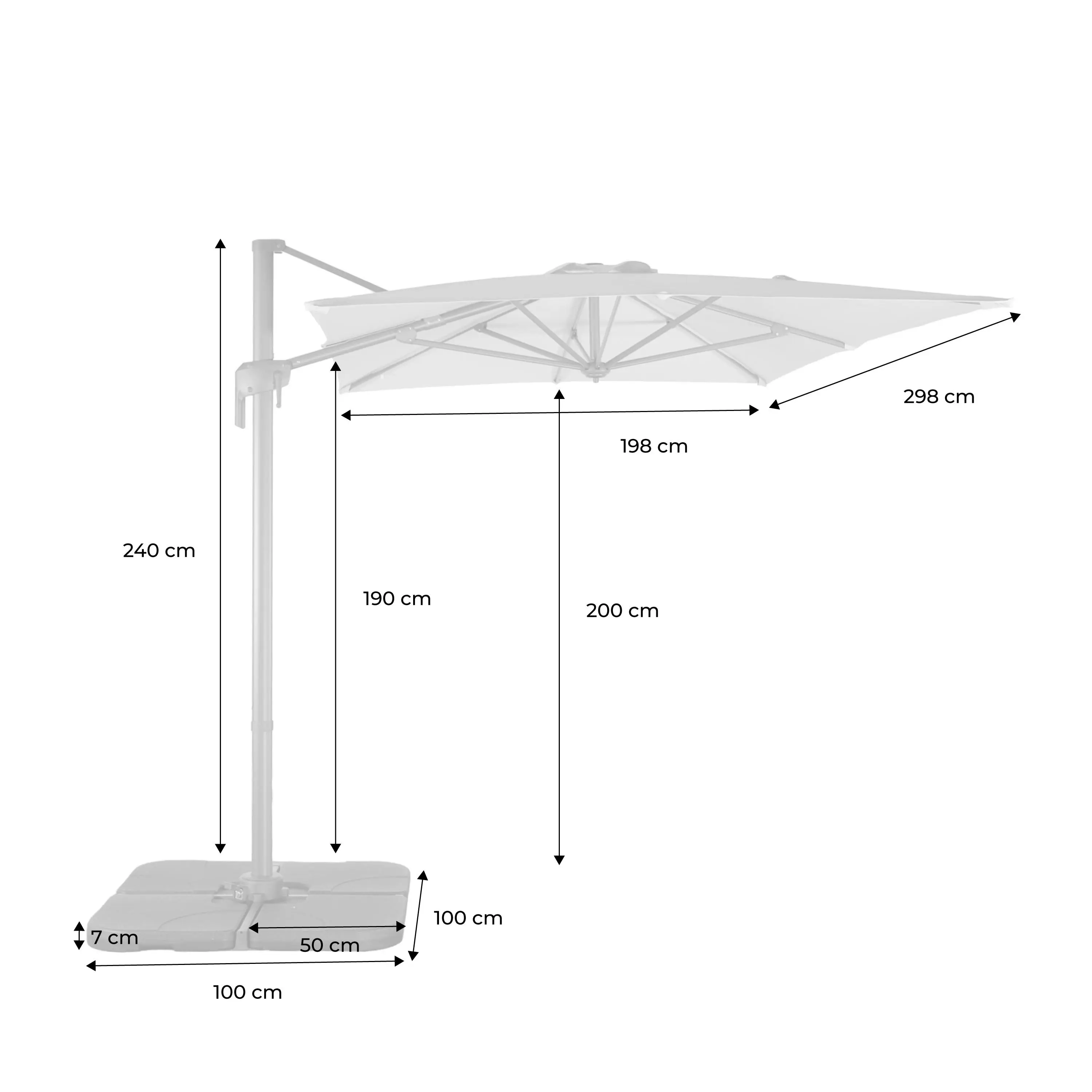 Parasol déporté rectangulaire 2x3m + 4 dalles à lester 50x50cm
