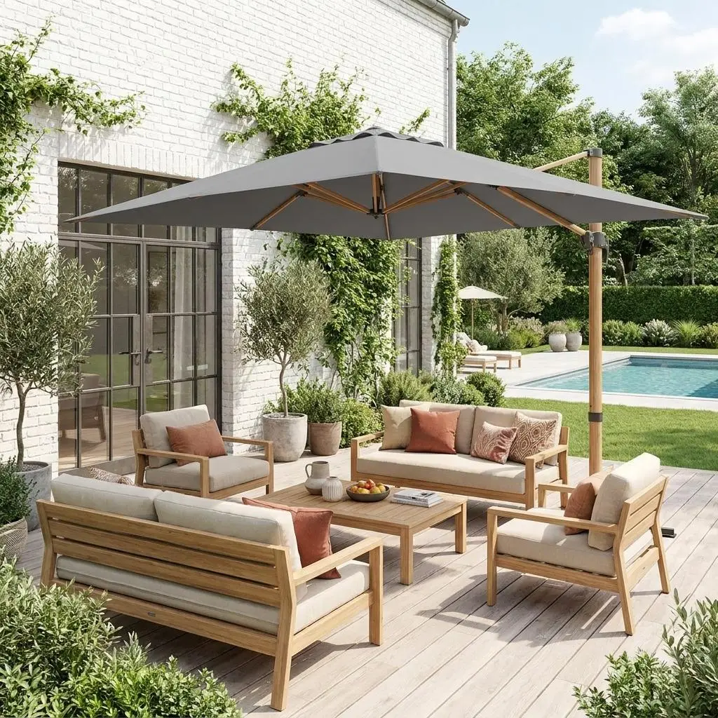 Parasol déporté rectangulaire 3x4m, mât effet bois