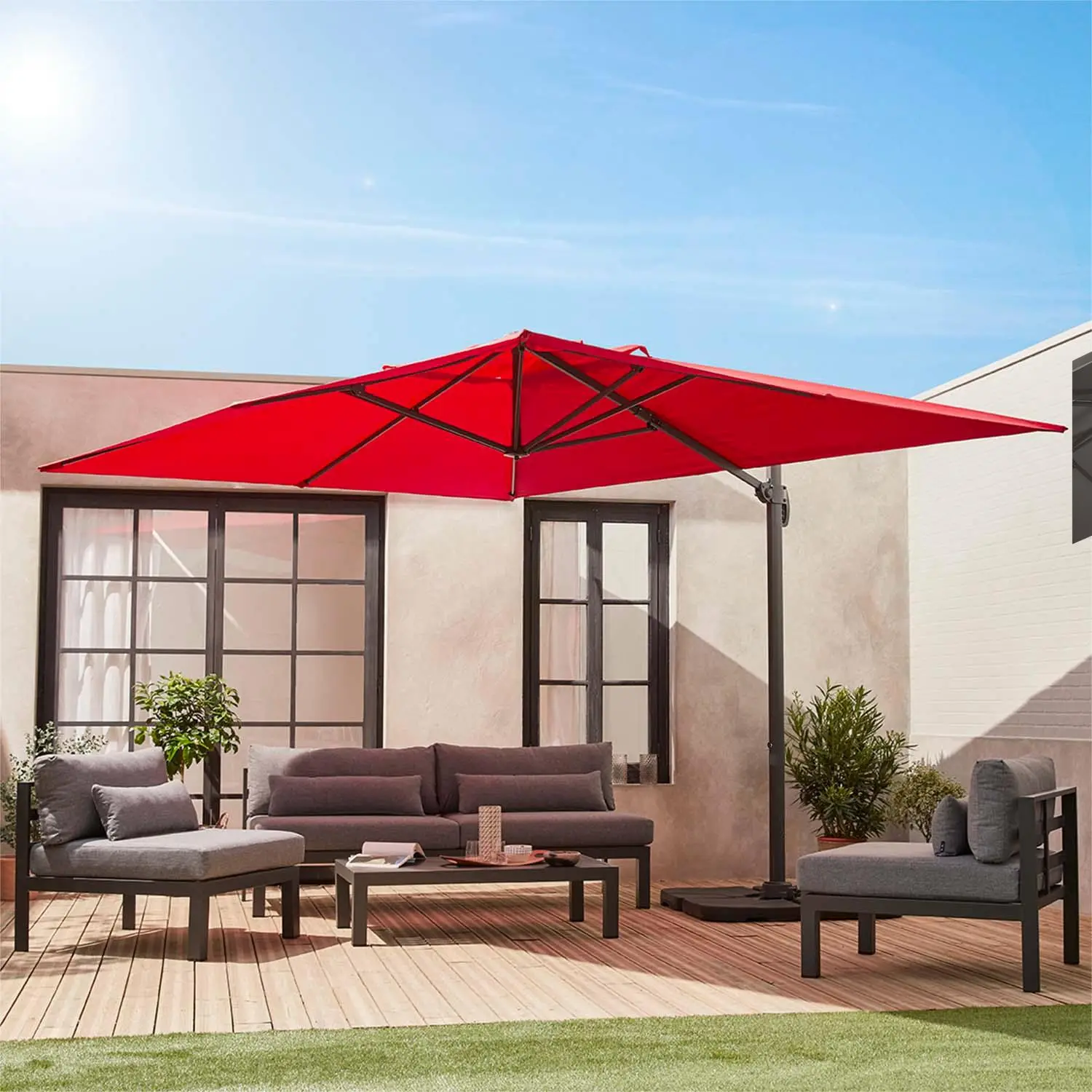 Parasol déporté rectangulaire 3x4m + dalles à lester 50x50cm