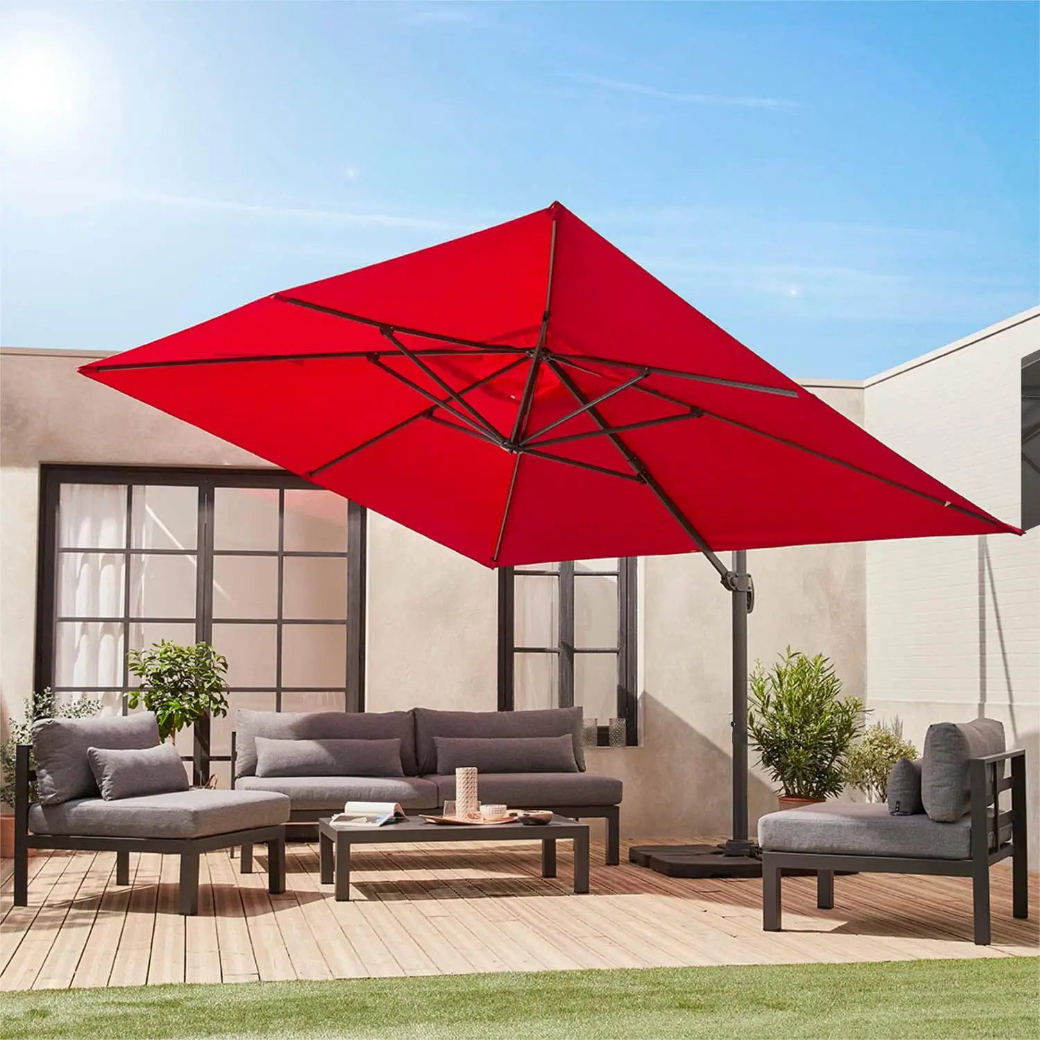 Parasol déporté rectangulaire 3x4m + dalles à lester 50x50cm