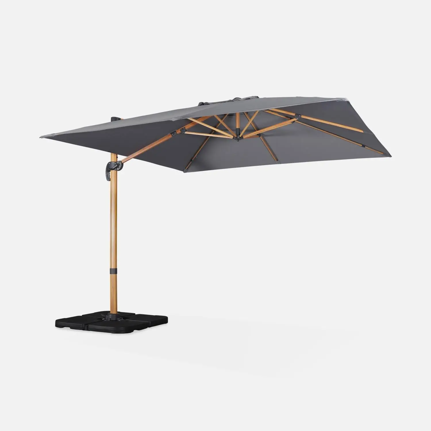 Parasol déporté carré 3x3m, mât effet bois + dalles à lester 50x50cm