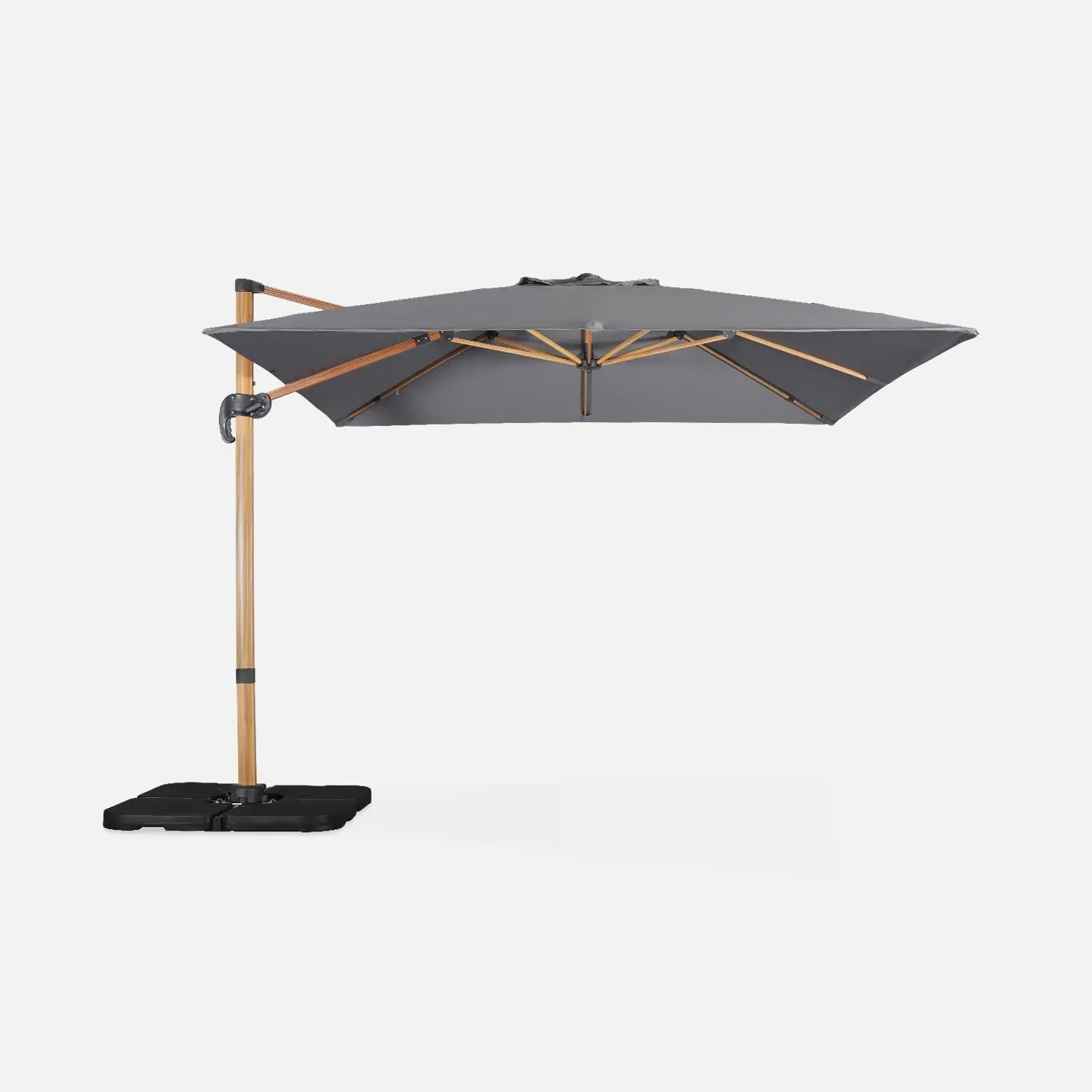 Parasol déporté carré 3x3m, mât effet bois + dalles à lester 50x50cm