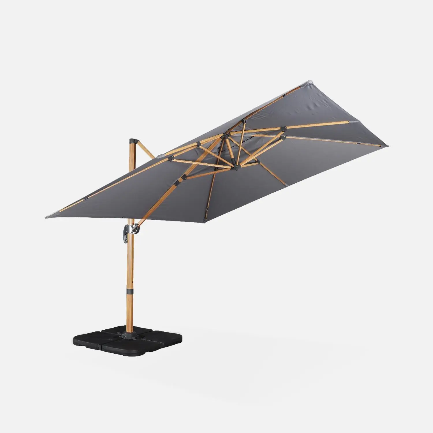 Parasol déporté carré 3x3m, mât effet bois + dalles à lester 50x50cm