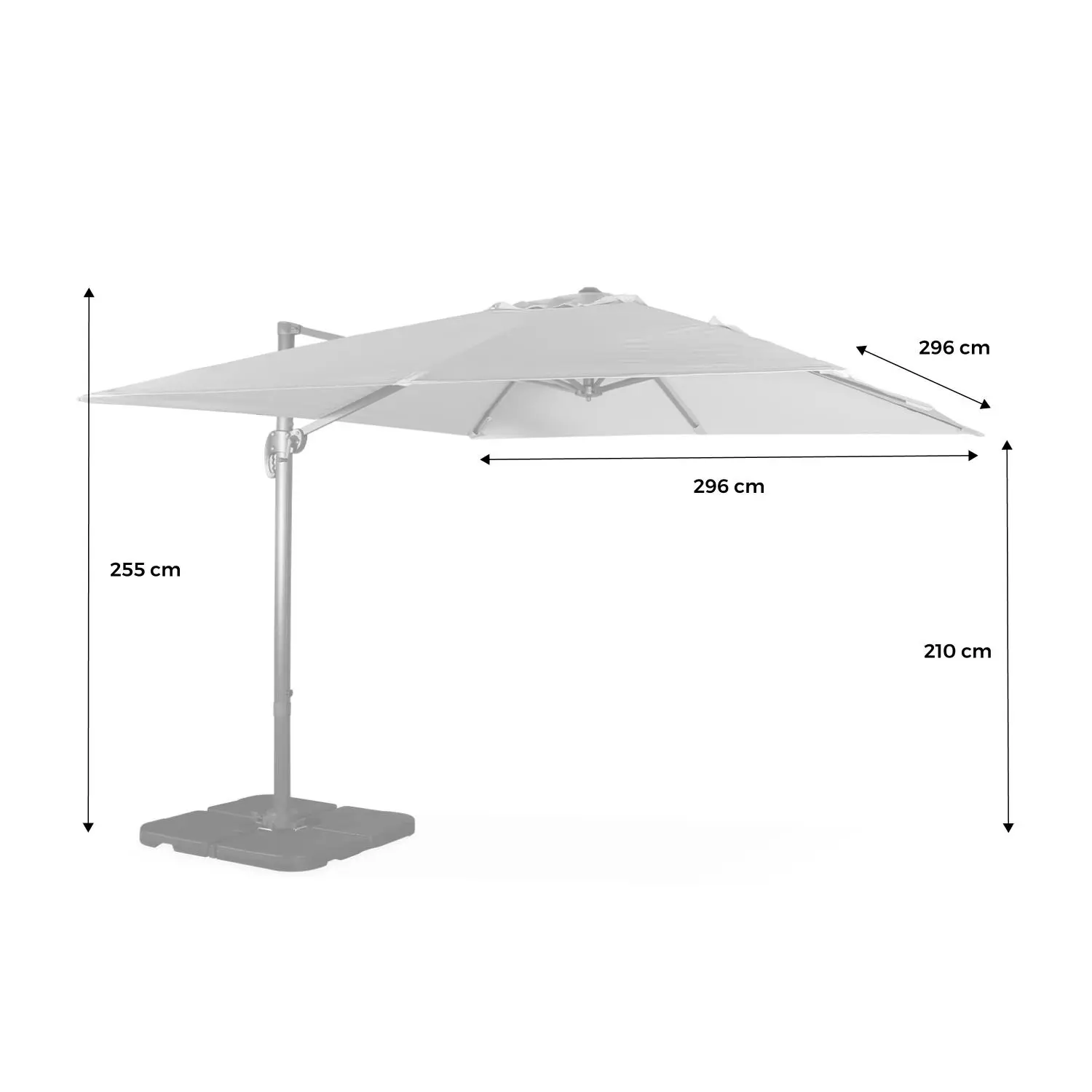 Parasol déporté carré 3x3m, mât effet bois + dalles à lester 50x50cm