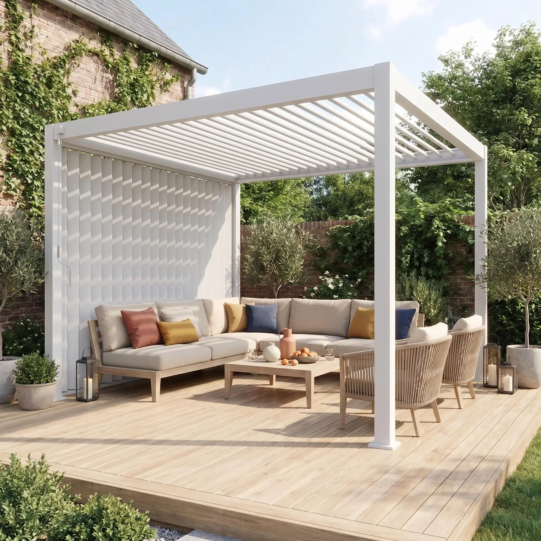 Pergola bioclimatique aluminium 4x3m + panneau vertical 3m Triomphe