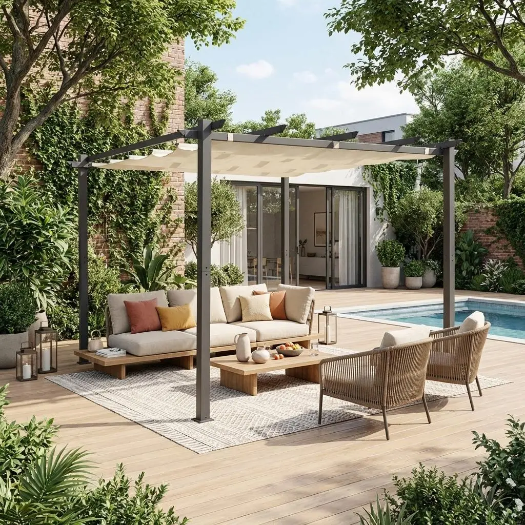 Pergola, aluminium, 3x3m, toile coulissante