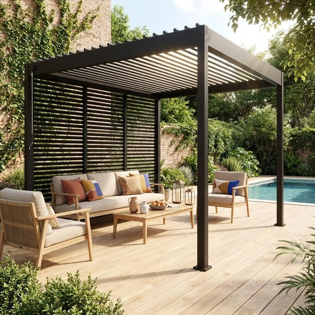 Pergola bioclimatique aluminium 3x3m V2 + 3 persiennes 100 cm Triomphe