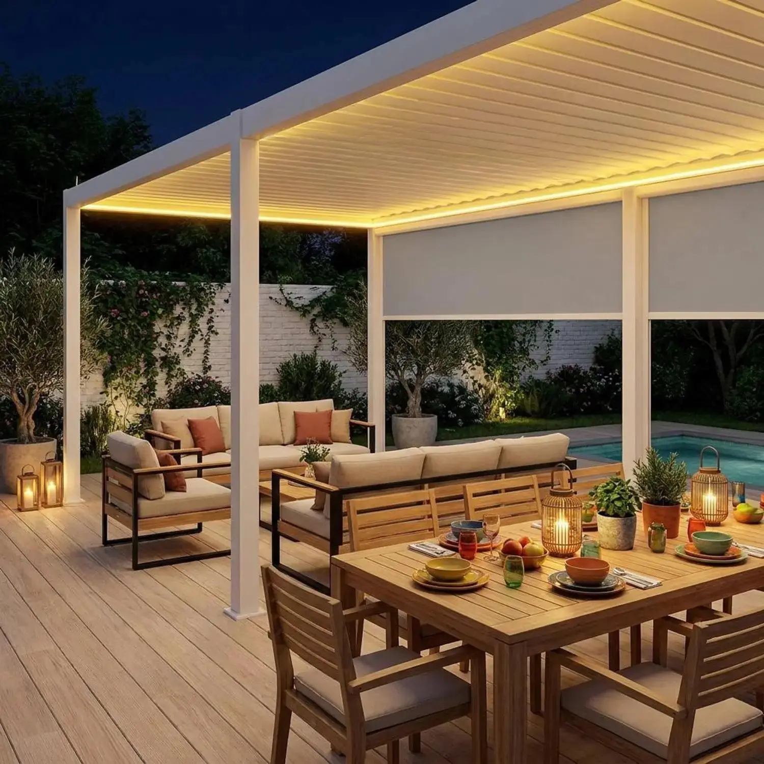 Pergola bioclimatique motorisée aluminium 6x3m LED + 2 stores 3m Triomphe