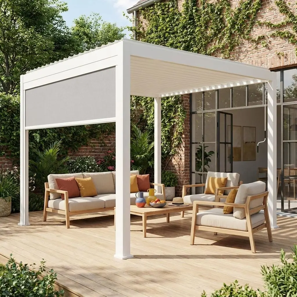 Pergola bioclimatique aluminium 3x3m V2 + 1 store 3m Triomphe
