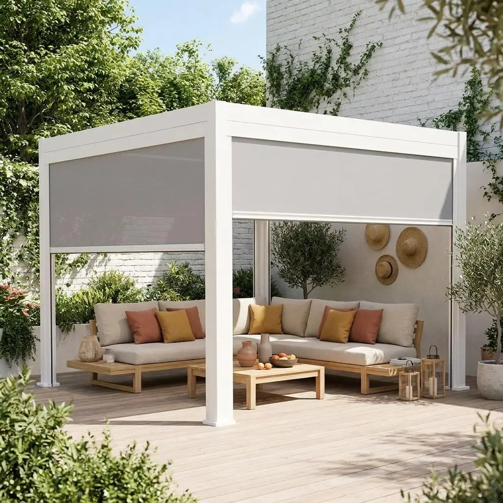 Pergola bioclimatique aluminium 3x3m V2 + 2 stores 3m Triomphe