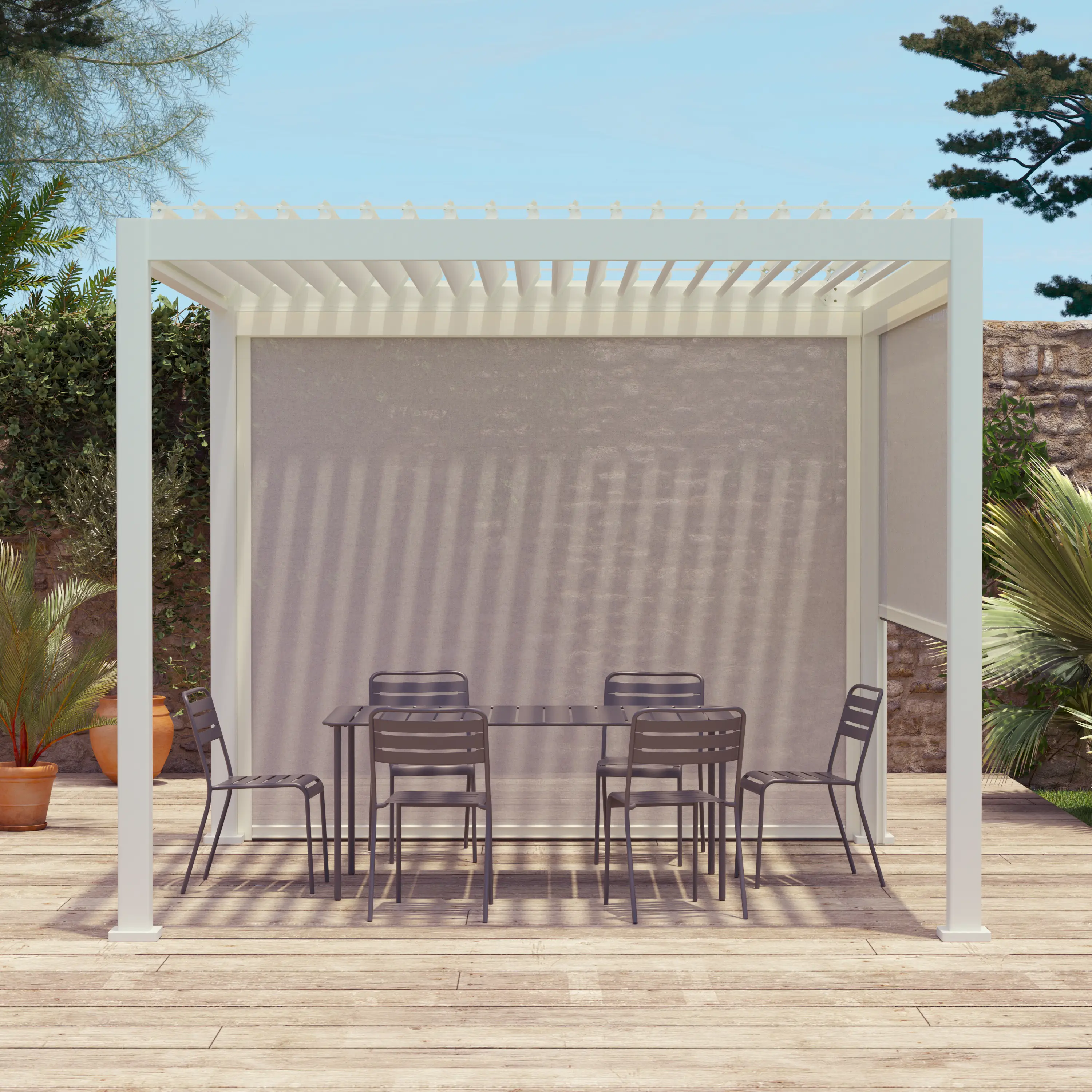 Pergola bioclimatique aluminium 3x3m V2 + 2 stores 3m Triomphe