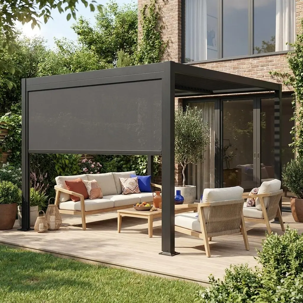 Pergola bioclimatique aluminium et acier 3x3m + 1 store 3m Palace