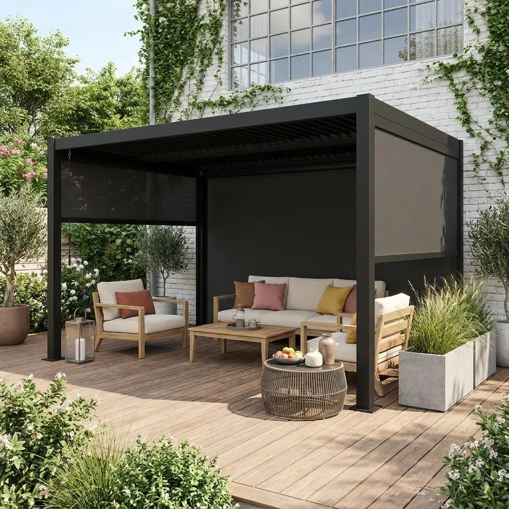 Pergola bioclimatique aluminium et acier 4x3m + 2 stores 3m + 1 store 4m Palace