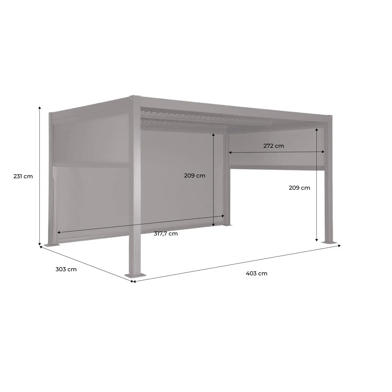 Pergola bioclimatique aluminium et acier 4x3m + 2 stores 3m + 1 store 4m Palace