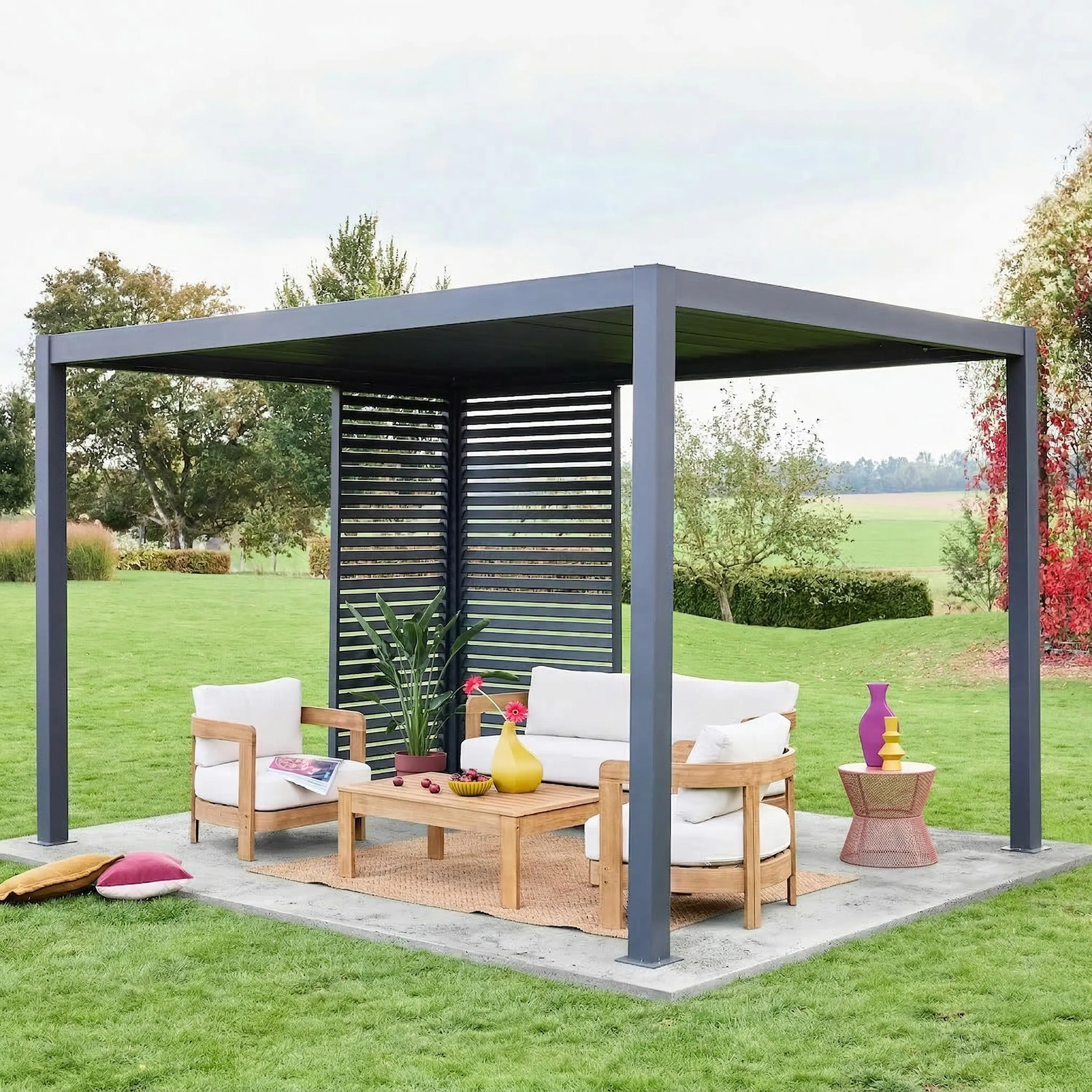 Pergola bioclimatique aluminium 4x3m + 1 persienne 100cm + 1 persienne 130cm Triomphe