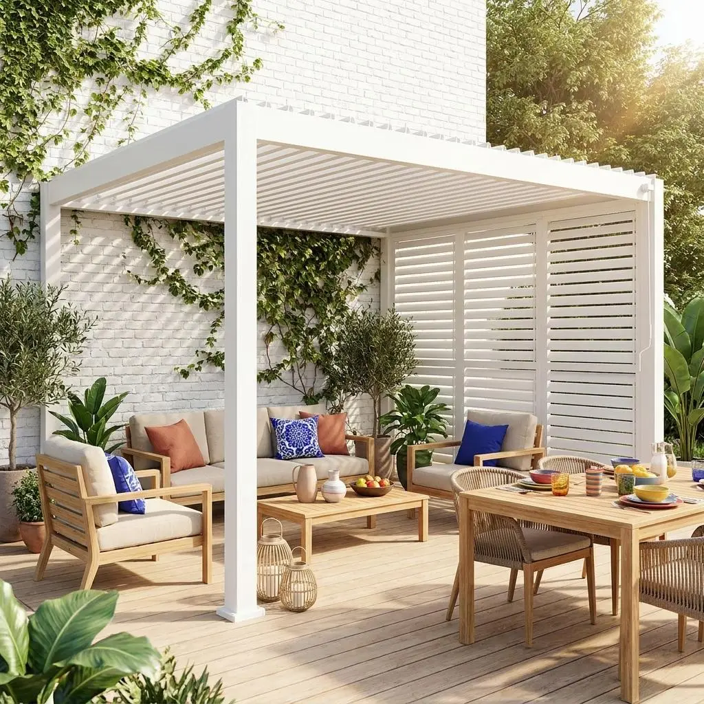 Pergola bioclimatique aluminium 4x3m + 3 persiennes 100cm lames orientables Triomphe
