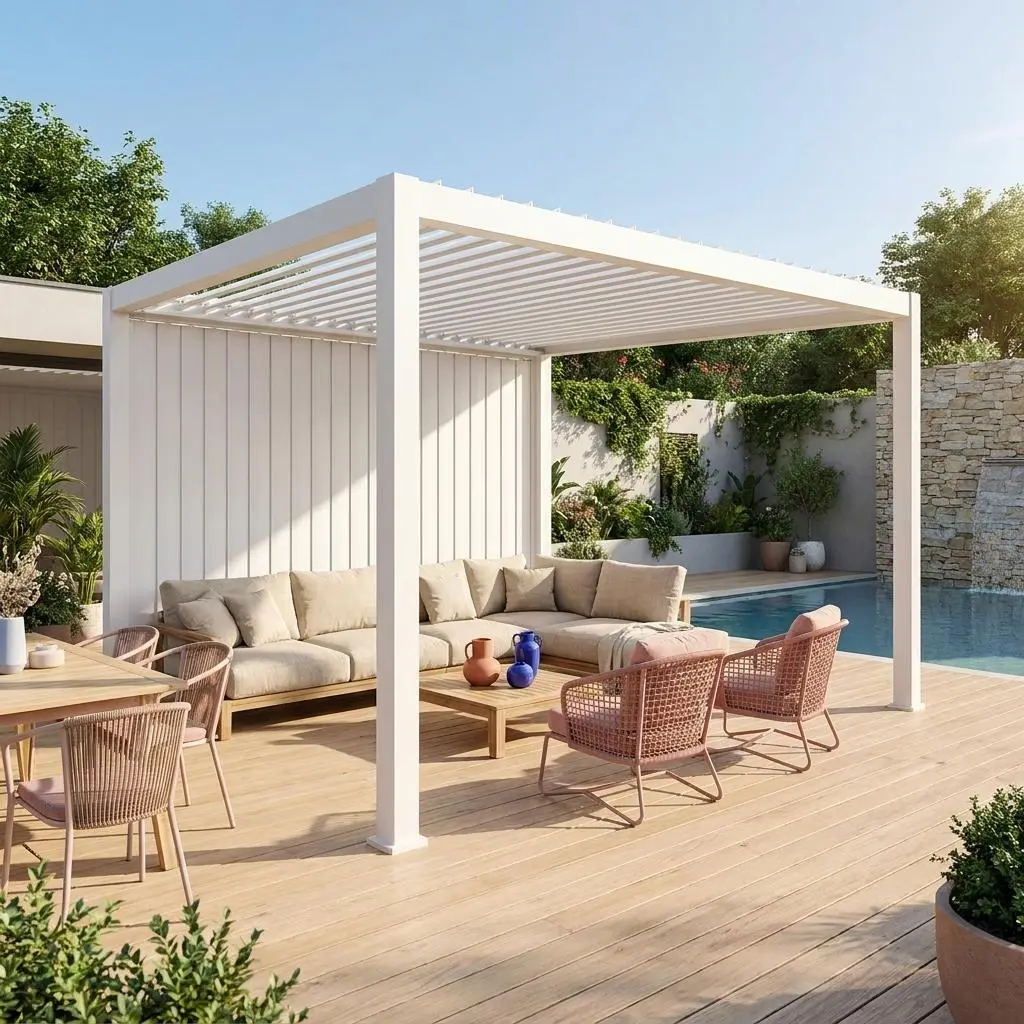 Pergola bioclimatique aluminium 4x3m + panneau vertical 4m Triomphe