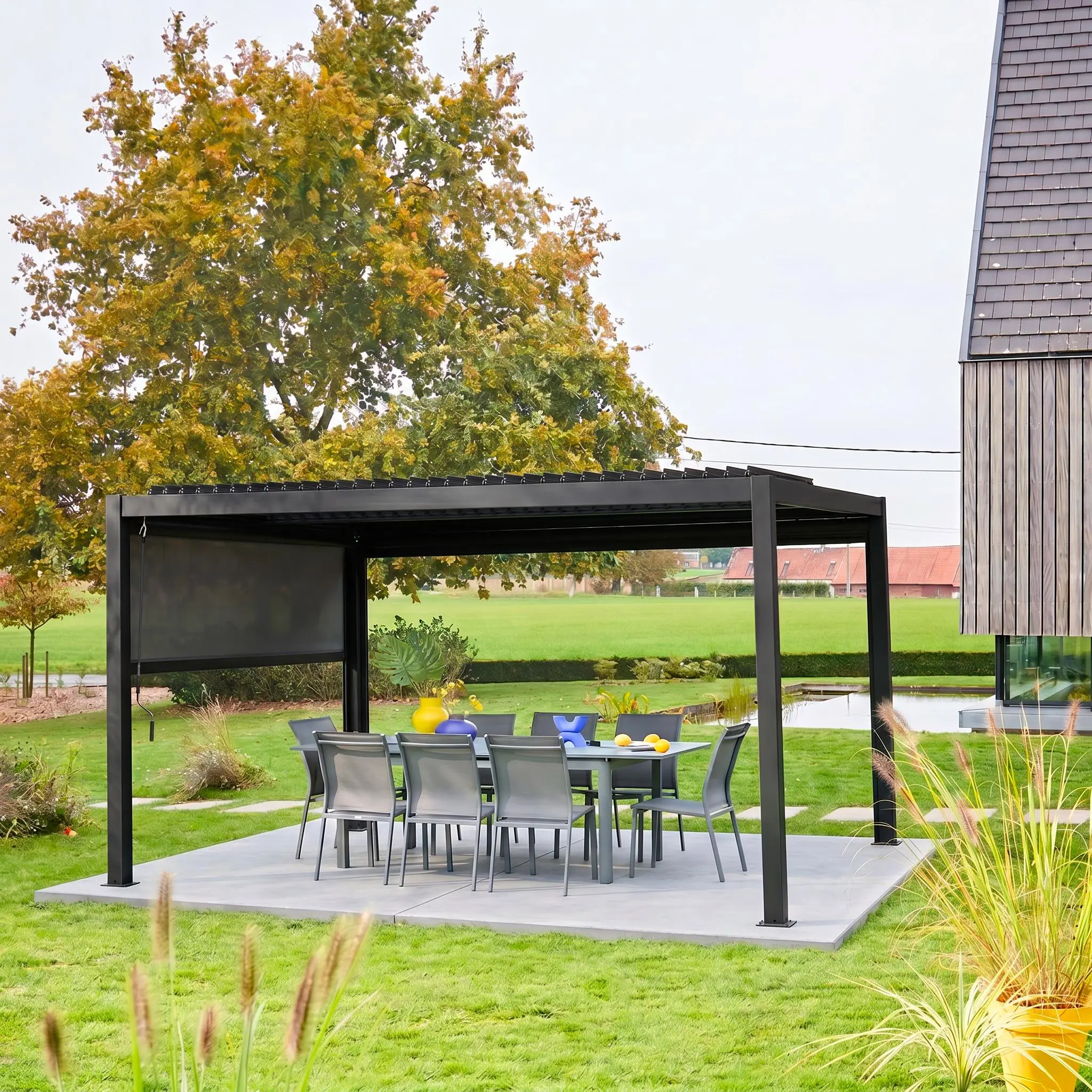Pergola bioclimatique aluminium et acier 4x3m + 1 store 3m Palace
