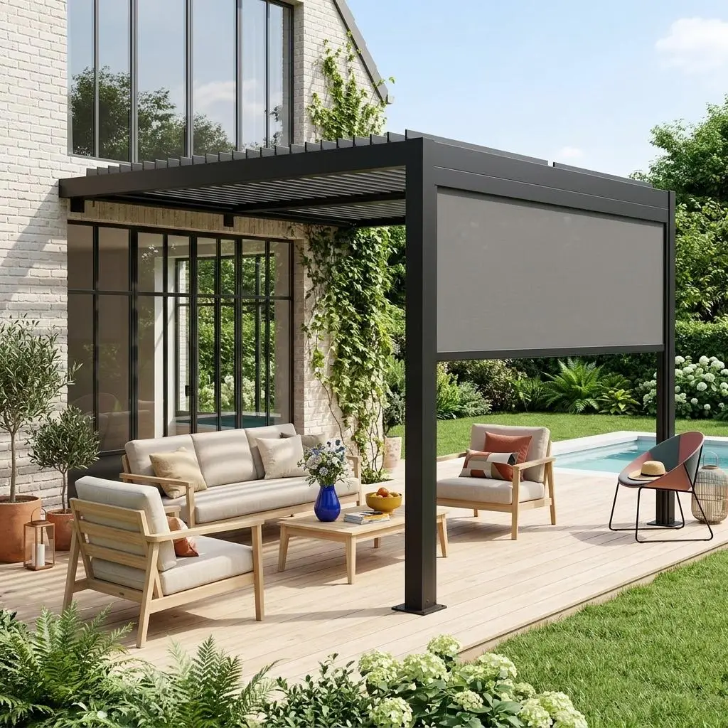 Pergola bioclimatique aluminium adossée 3x3m + 1 store 3m Palace