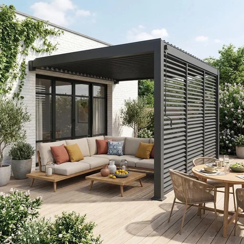 Pergola bioclimatique aluminium adossée 4x3m + 3 persiennes 130cm Triomphe