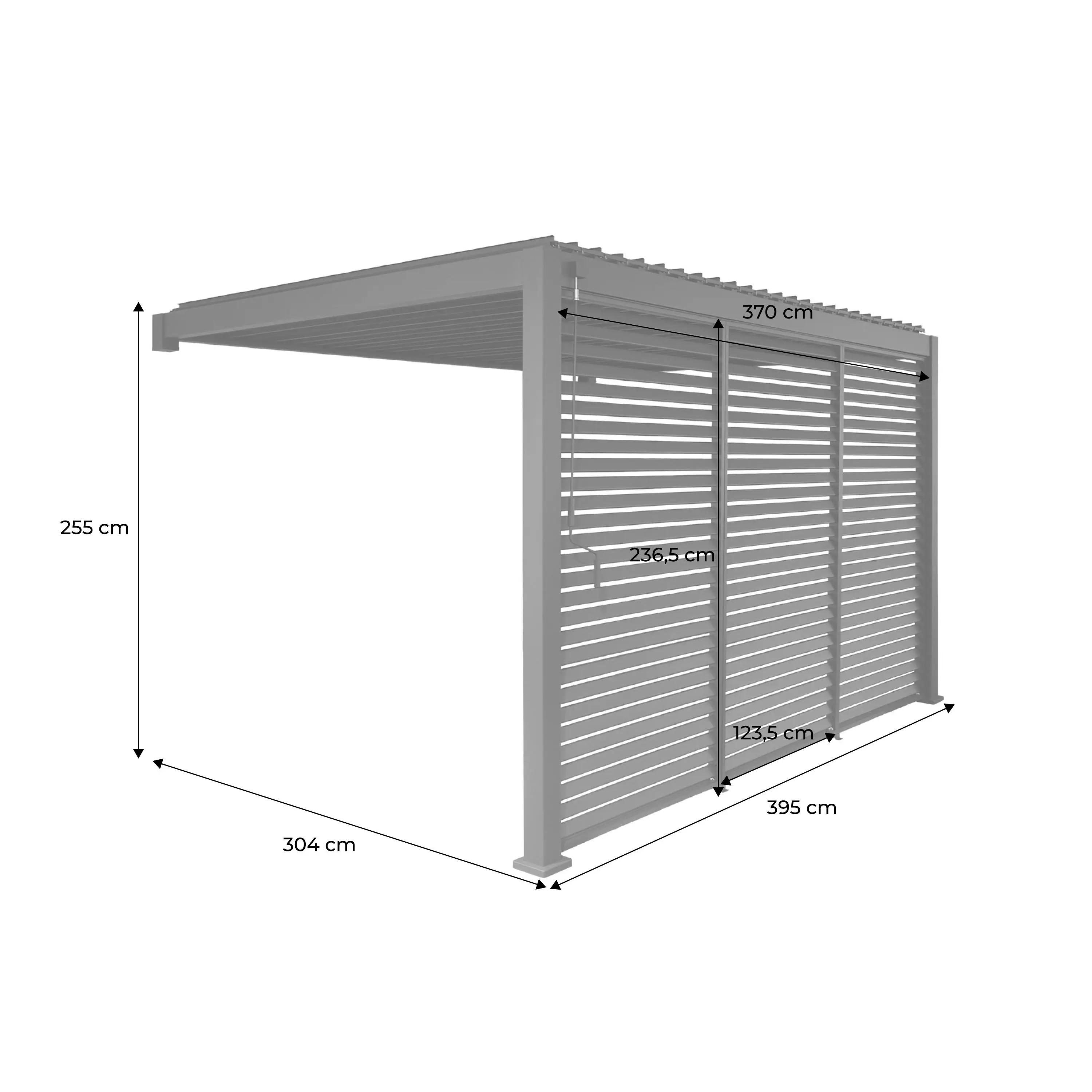 Pergola bioclimatique aluminium adossée 4x3m + 3 persiennes 130cm Triomphe