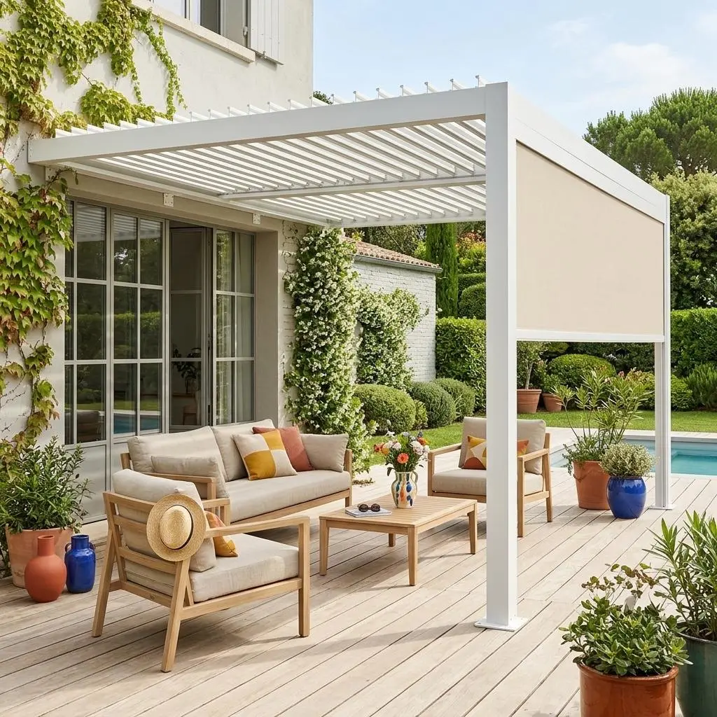 Pergola bioclimatique aluminium adossée 4x3m + 1 store 4m Palace