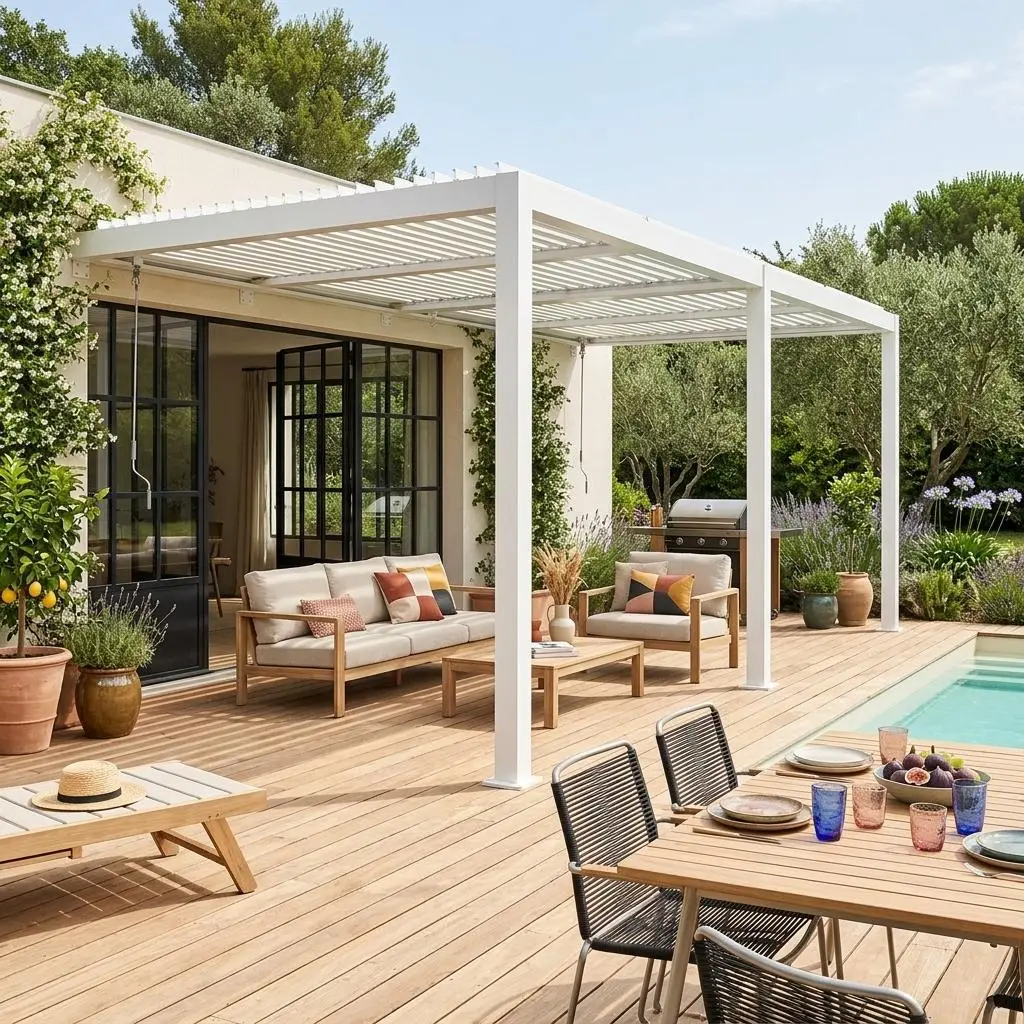 Pergola bioclimatique aluminium adossée lames orientables 5x3m Palace