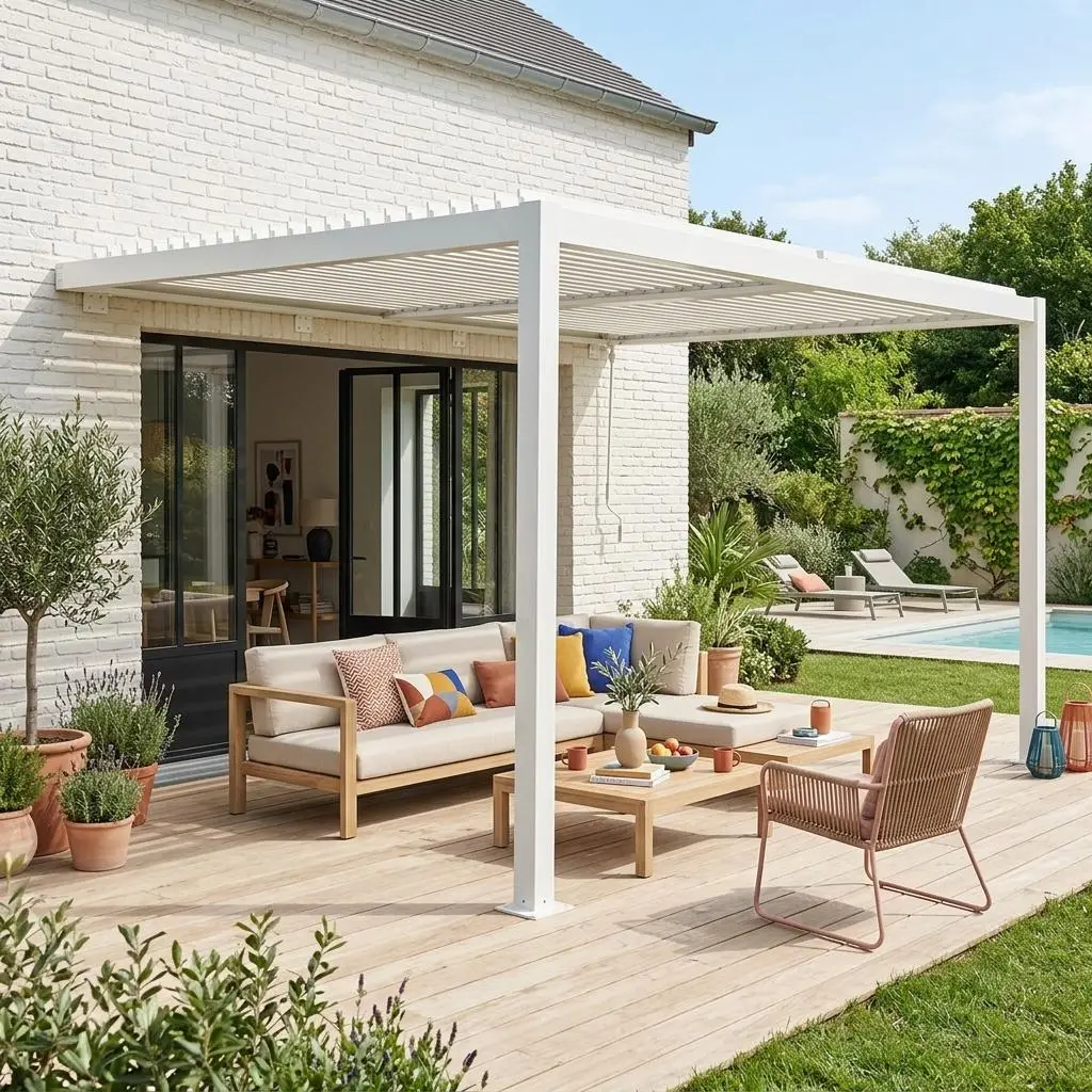 Pergola bioclimatique aluminium adossée lames orientables 4x3m Palace