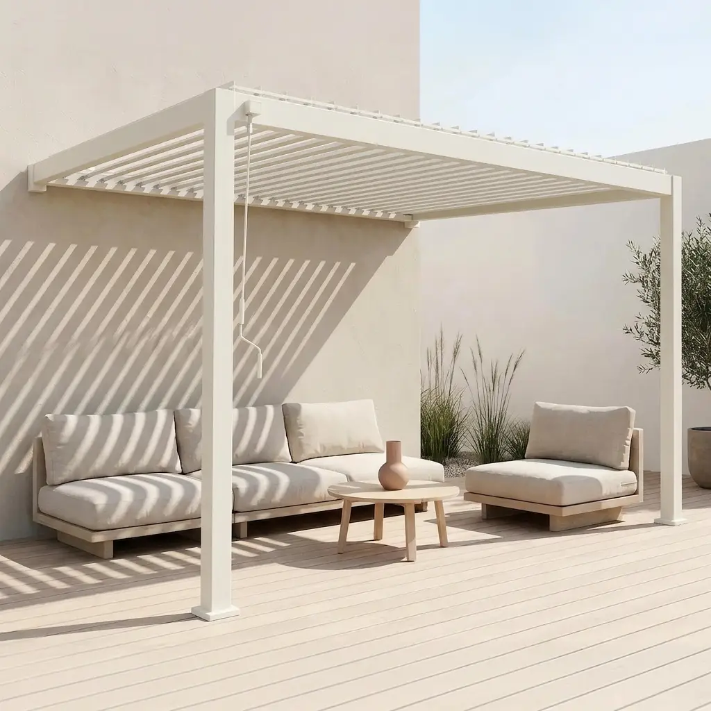 Pergola bioclimatique aluminium adossée lames orientables 4x3m Triomphe