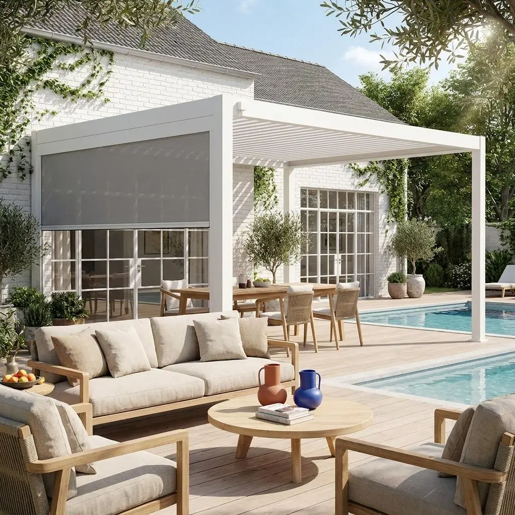 Pergola bioclimatique aluminium 4x3m + 1 store 3m Triomphe