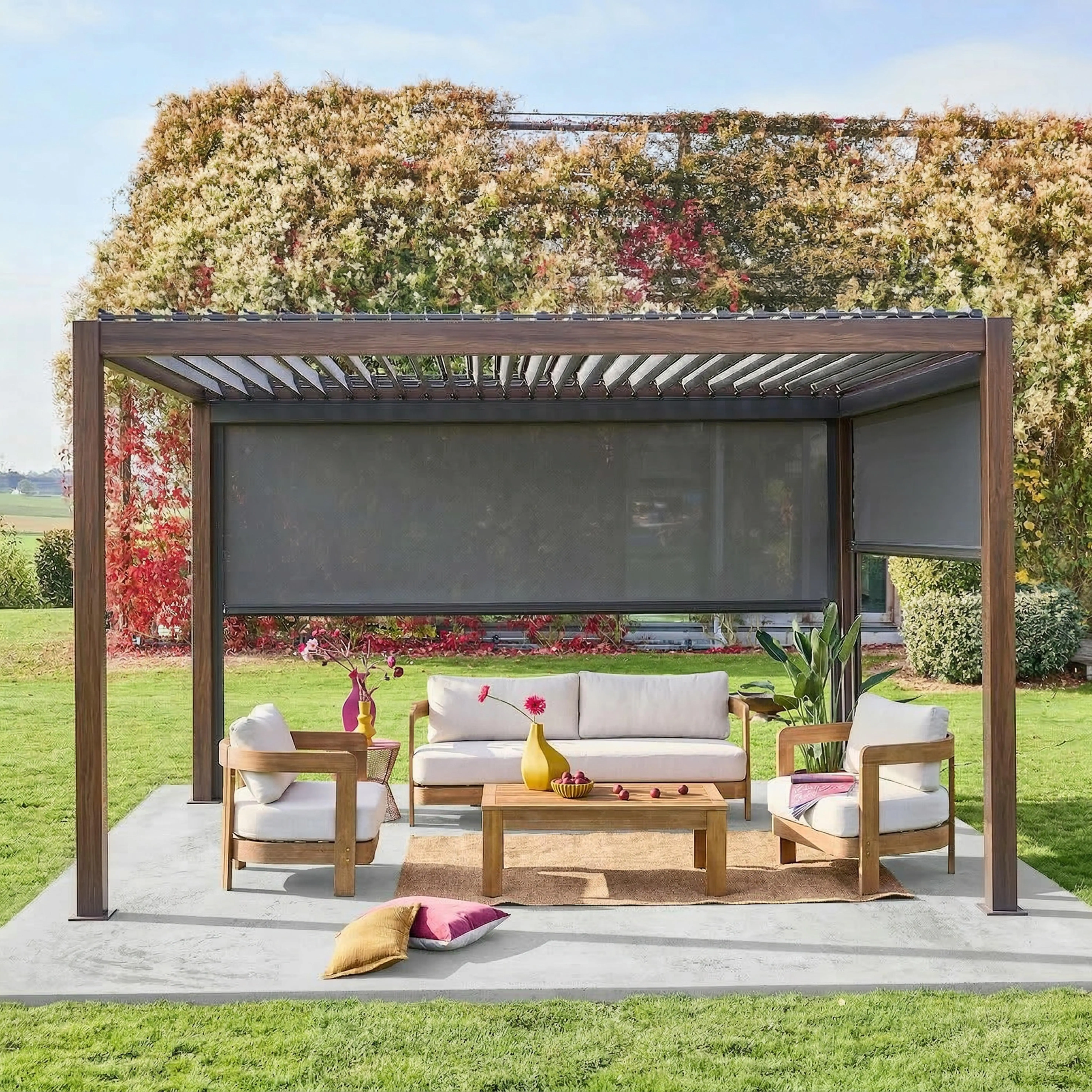Pergola bioclimatique aluminium 4x3m + 1 store 3m + 1 store 4m Triomphe