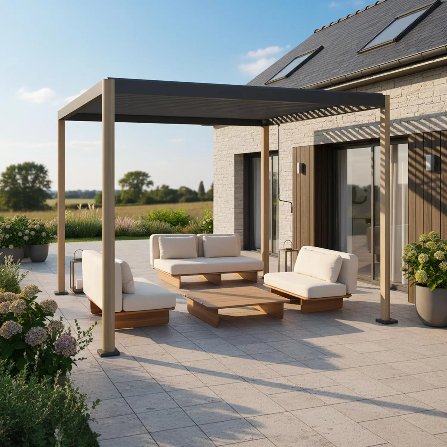 Pergola bioclimatique aux pieds arrondis aluminium et acier lames orientables 3x3m Imperial