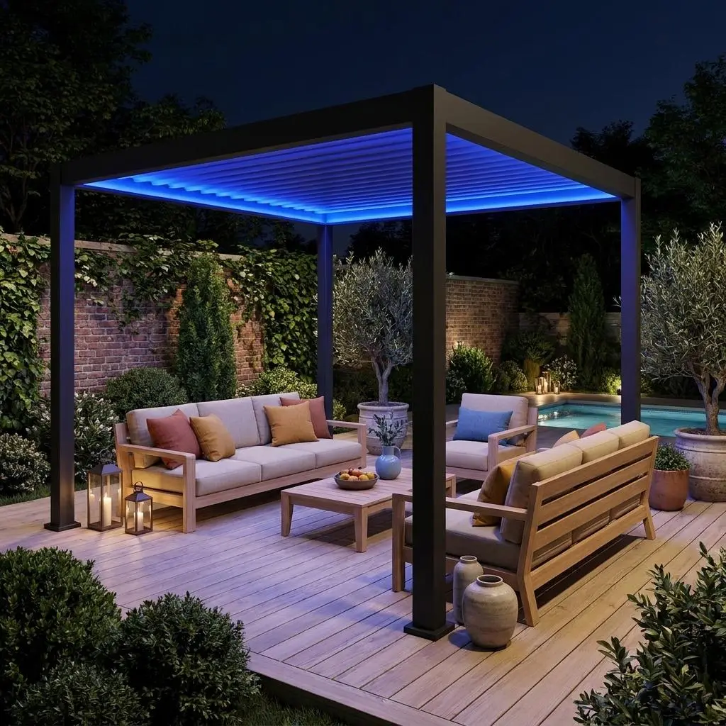 Pergola bioclimatique aluminium motorisée 3x3m avec éclairage LED Triomphe