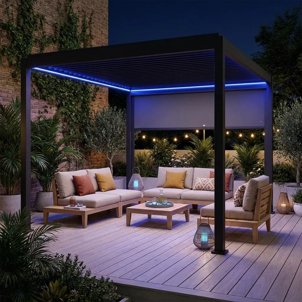 Pergola bioclimatique motorisée aluminium 4x3m LED + 1 store 3m Triomphe