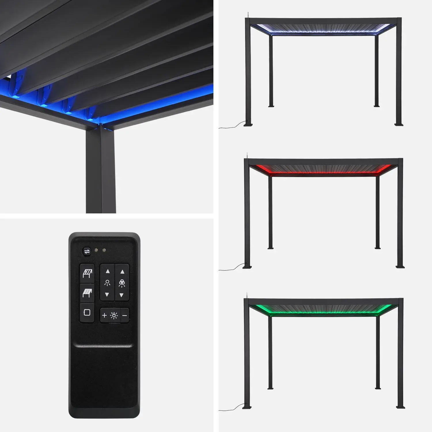 Pergola bioclimatique motorisée aluminium 4x3m LED + 1 store 3m Triomphe