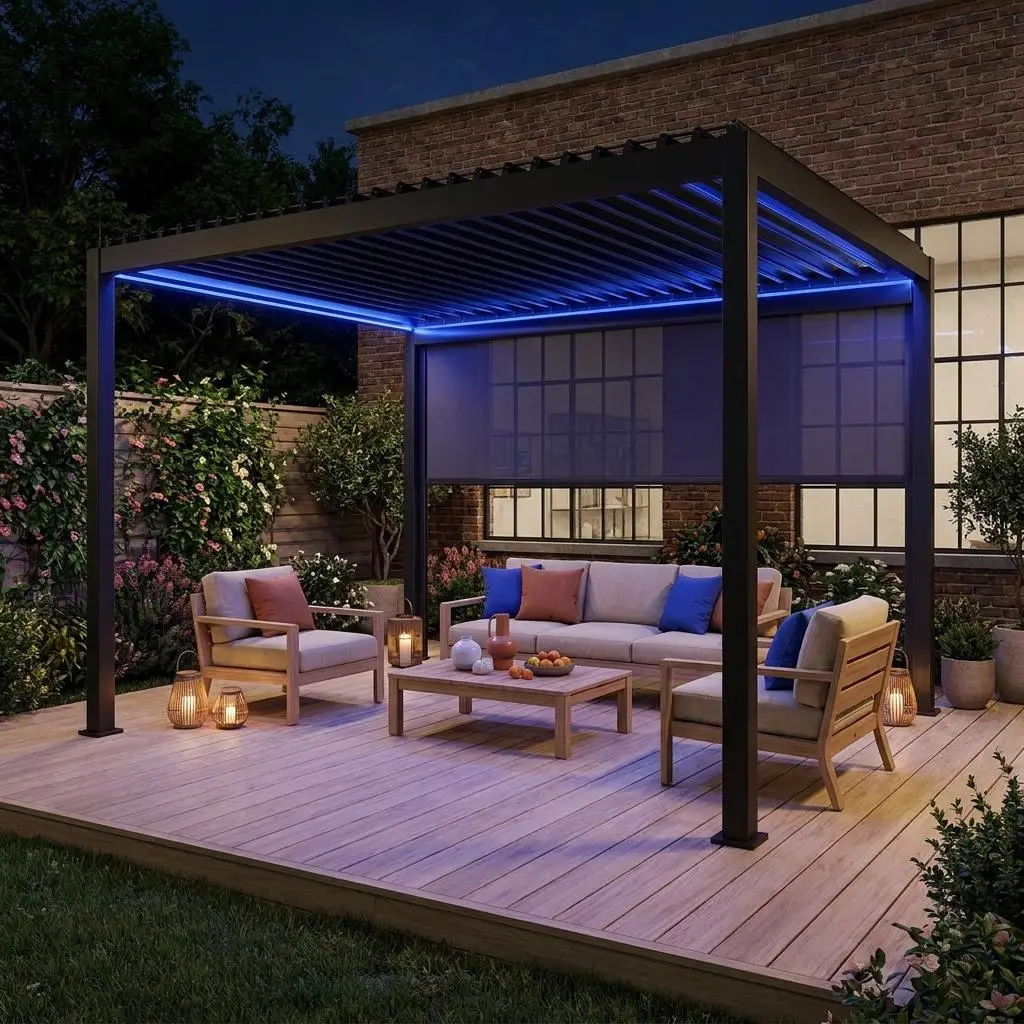 Pergola bioclimatique motorisée aluminium 4x3m LED + 1 store 4m Triomphe