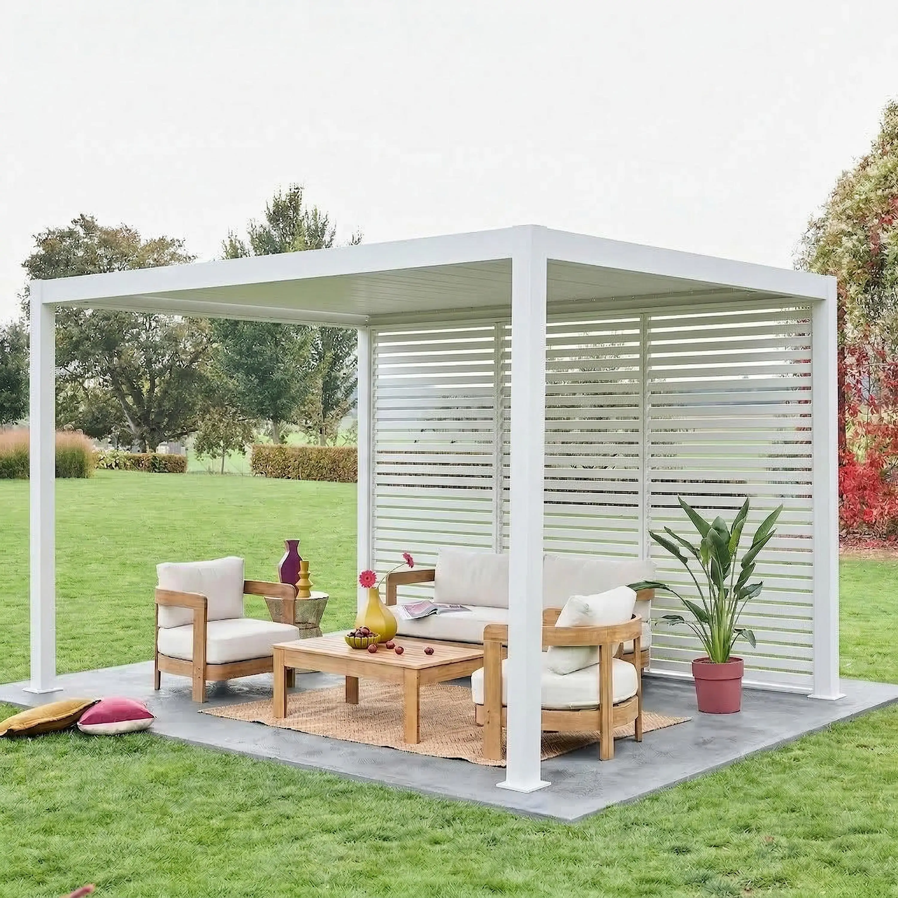 Pergola bioclimatique aluminium 4x3m + 3 persiennes 130cm Triomphe