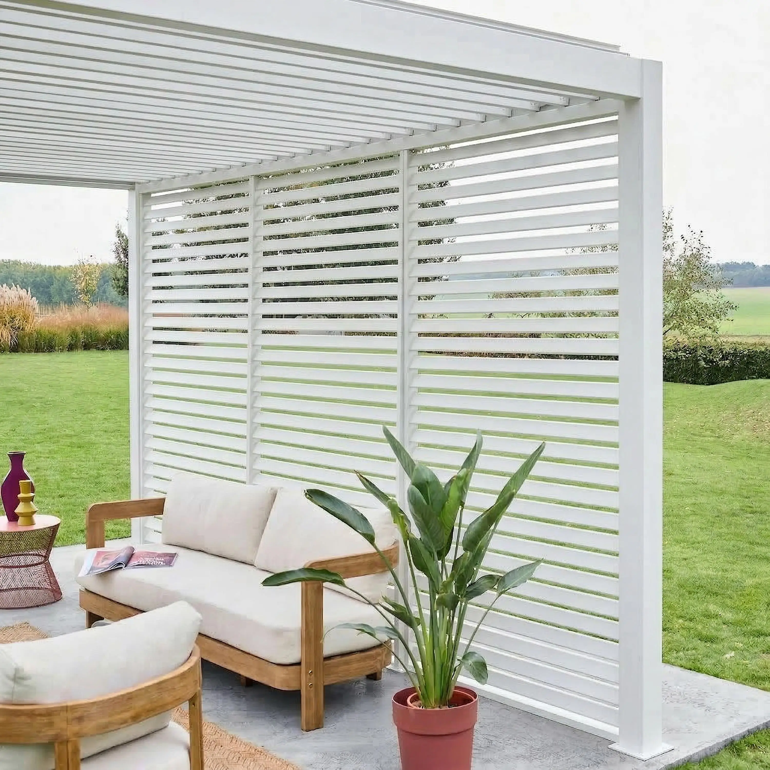 Pergola bioclimatique aluminium 4x3m + 3 persiennes 130cm Triomphe