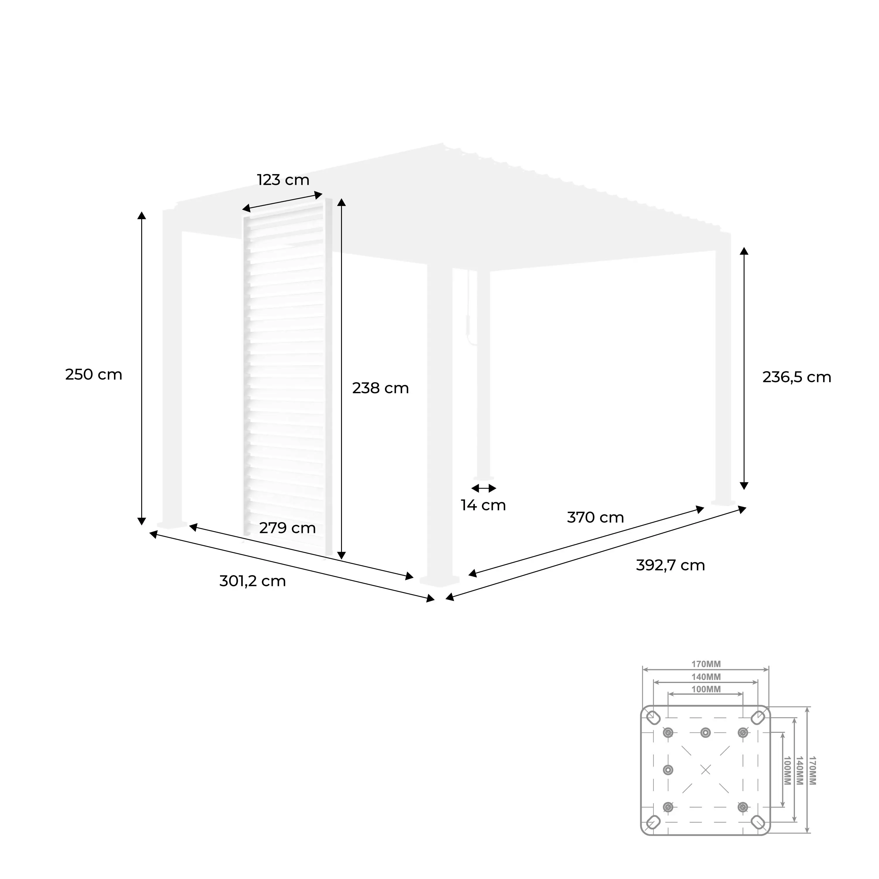 Pergola bioclimatique aluminium 4x3m + 3 persiennes 130cm Triomphe