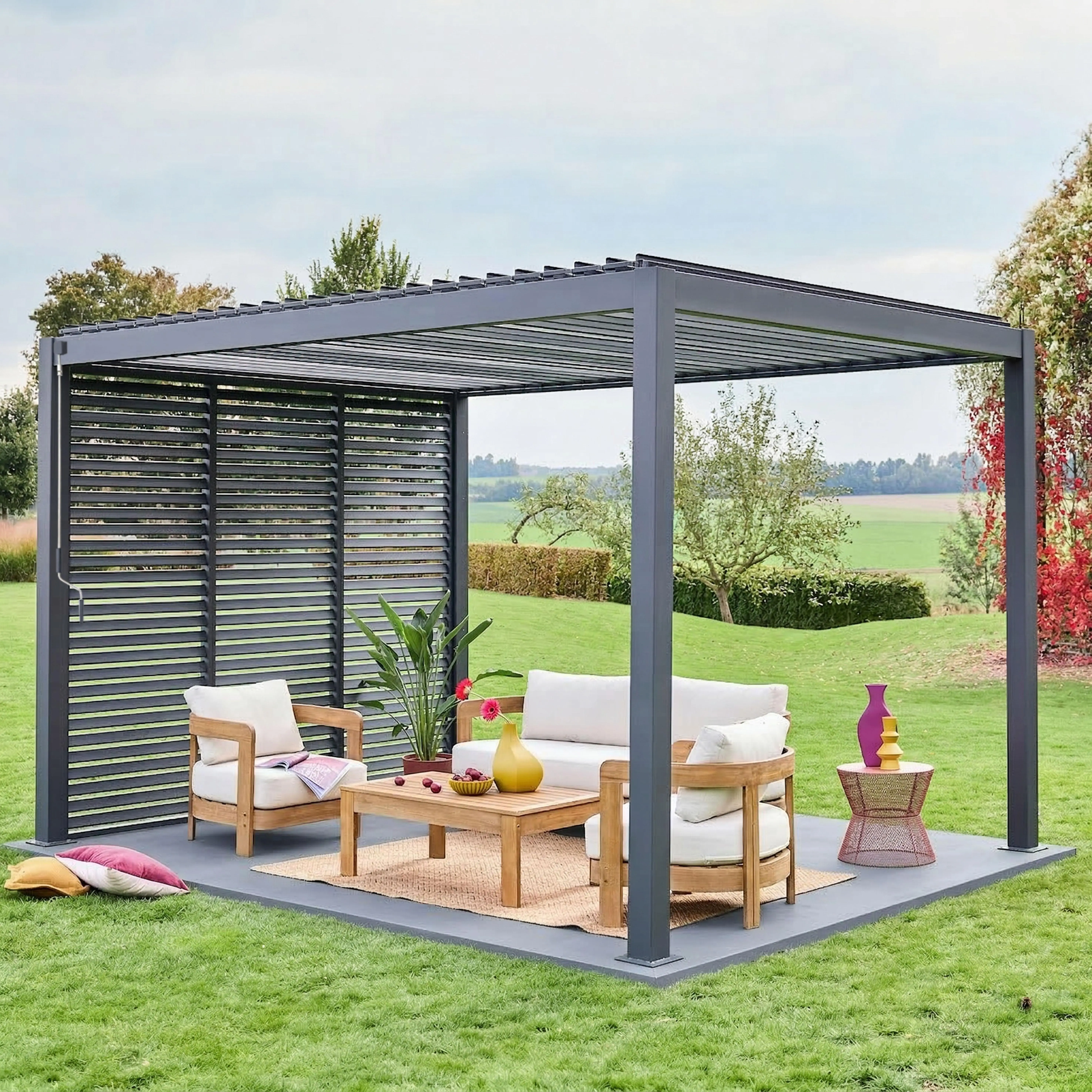 Pergola bioclimatique aluminium 4x3m + 3 persiennes 100cm Triomphe