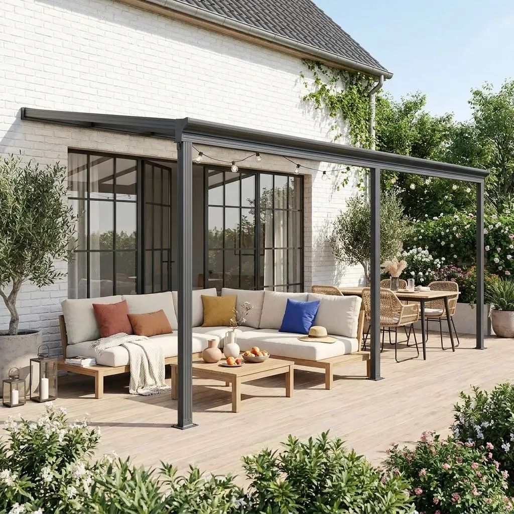 Pergola, carport adossé aluminium 3x5m avec gouttière